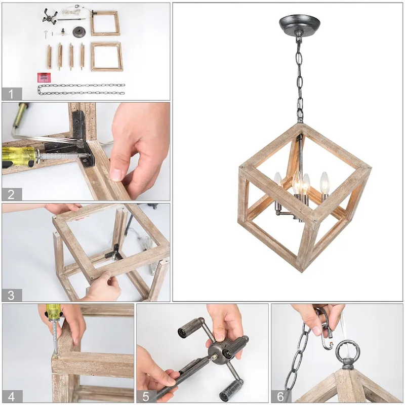 Loby Farmhouse Solid Wood Chandelier 4-light Rustic Geomerical Island Pendant Lights - D15.5  x H 18