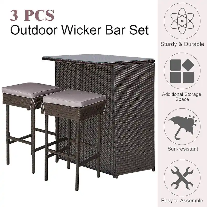 Gymax 3PCS Rattan Patio Bar Table & Stool Set Dining Set w/ Gray & Off
