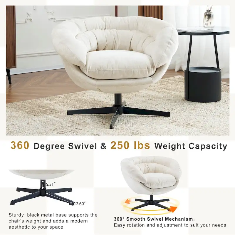 Chenille Upholstered 360 Swivel Club Chair/Accent Chair with Removable Cushion, Round Office Chair with Black Metal Base