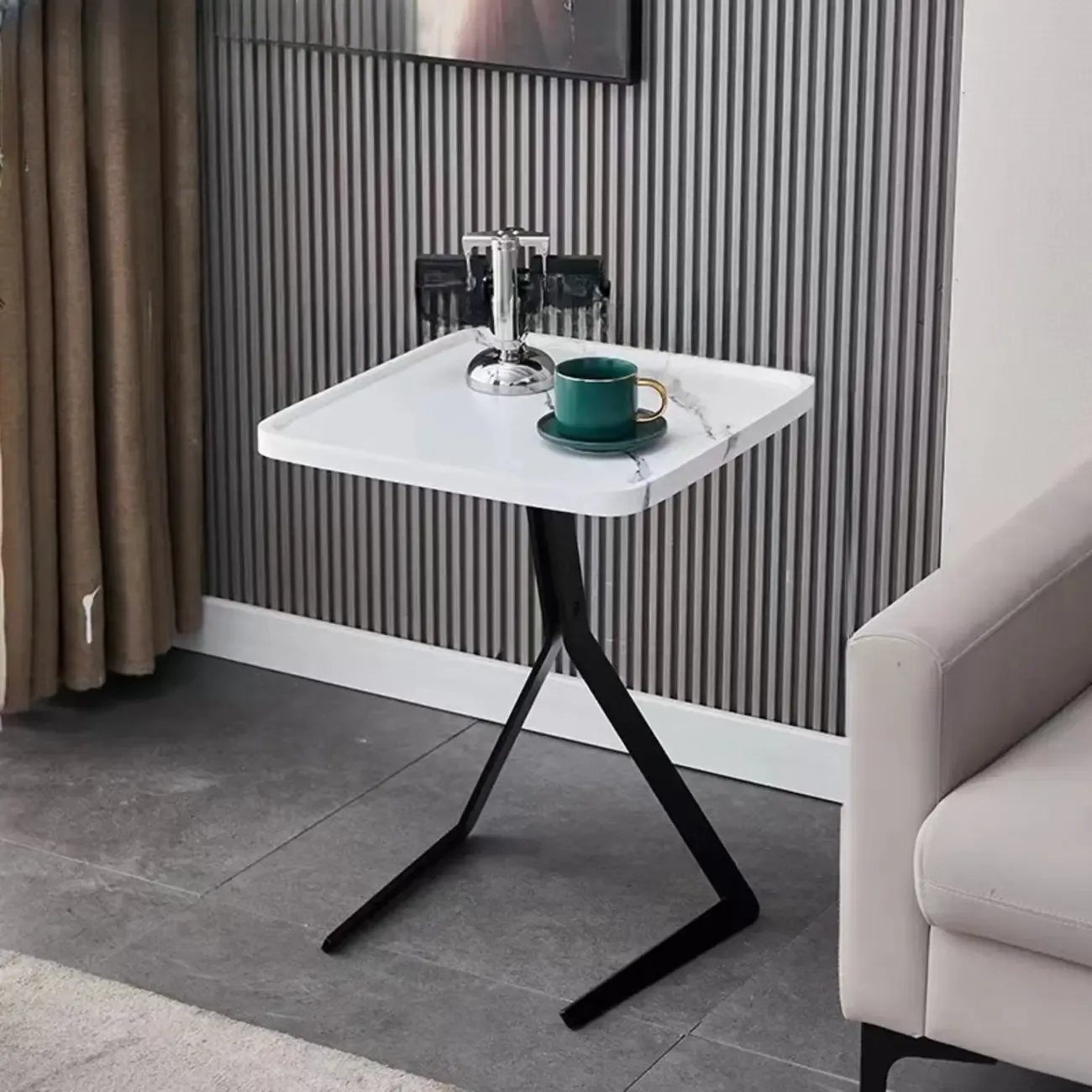 C-Shpaed Brown Wood Round Side Table with Metal Legs