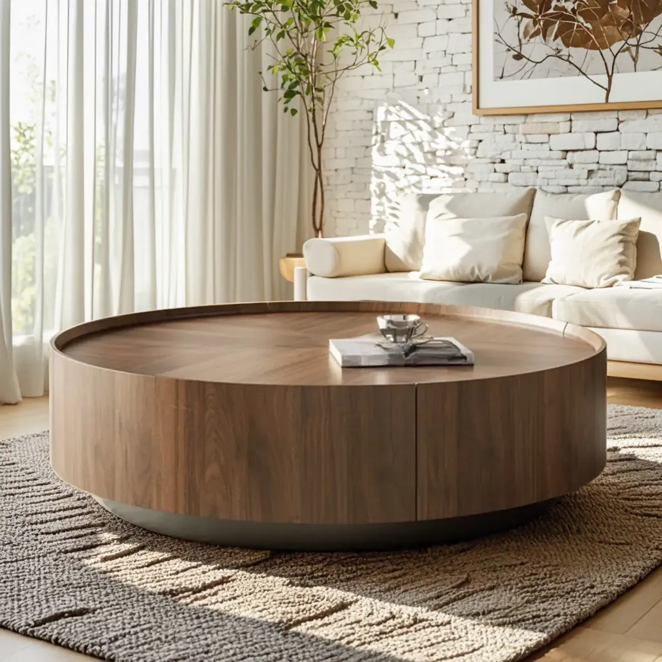Modern Round Wood Coffee Table with Steel Base