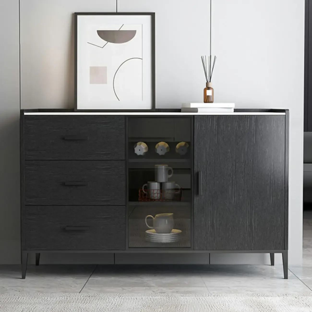 Modern Wooden Sideboard with Cabinets & Wine Rack