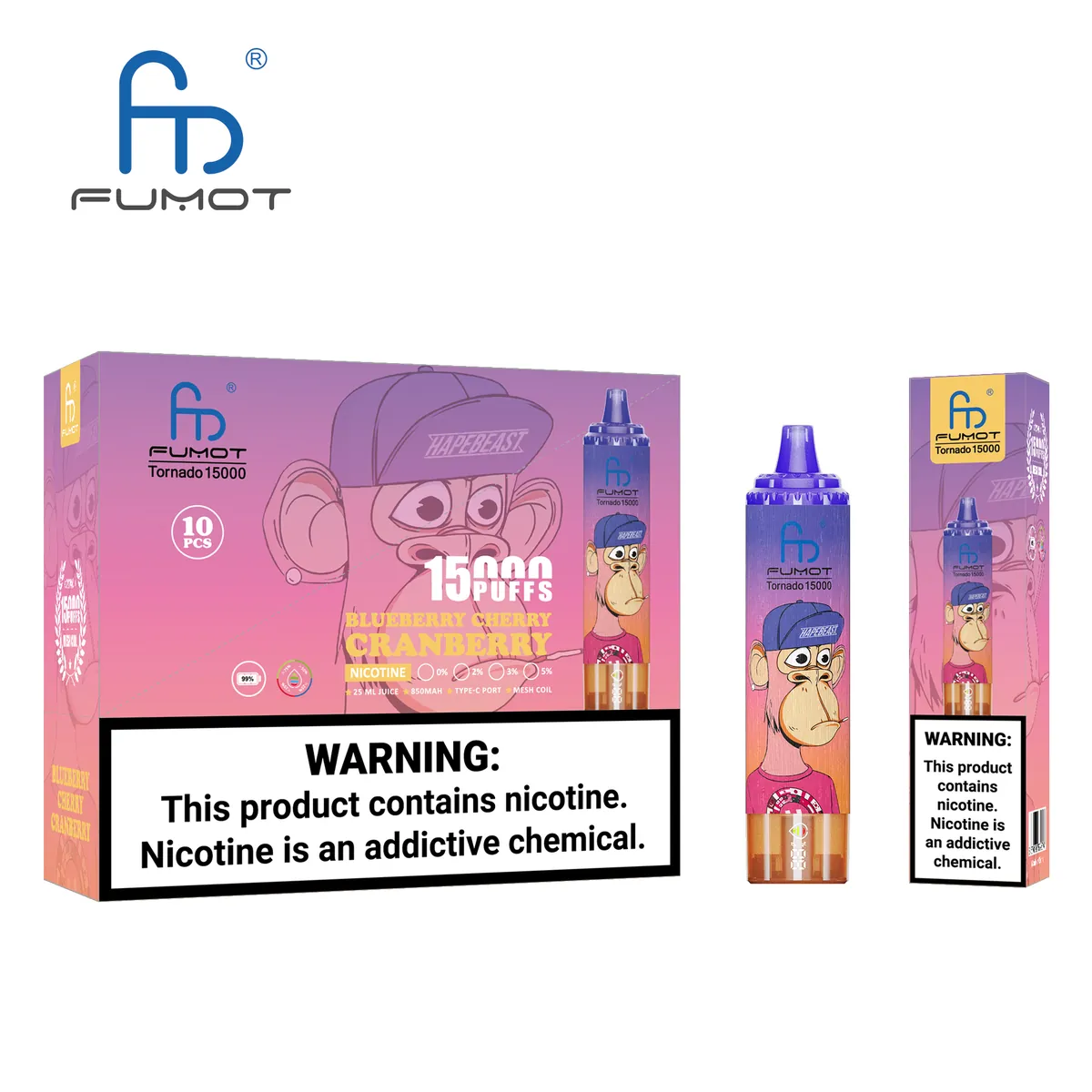 Fumot Tornado 15000 Blueberry Cherry Cranberry – 10er-Displaybox mit Einweg-Vape und Einzelpackung
