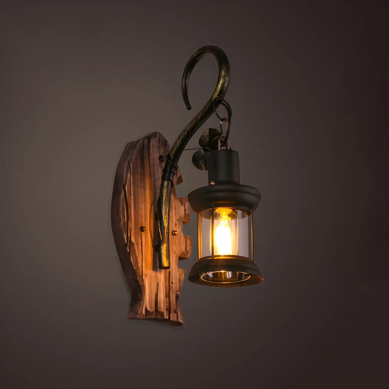Industrial Distressed Wood Glass Black Wall Lantern Light
