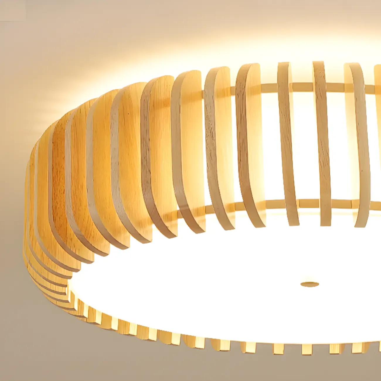 Natural Wood Circular Dimmable LED Flush Mount Ceiling Light