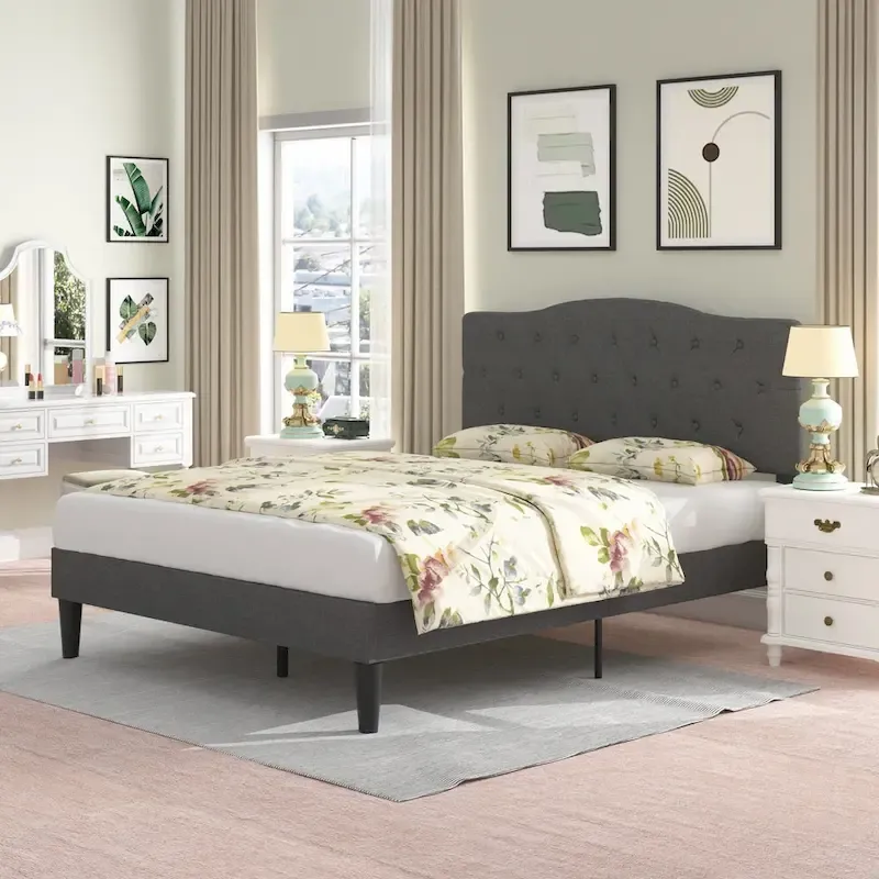 VECELO Modern Upholstered Bed with Height Adjustable Tufted Headboard ,Dark Grey