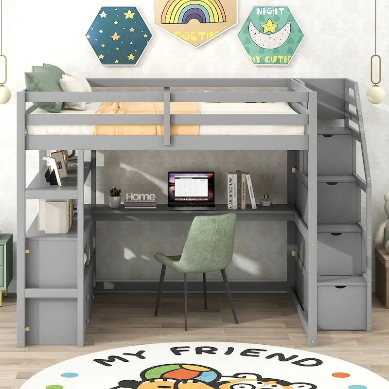 Full Size Loft Bed with Desk and Shelves, Two Built-in Drawers, Storage Staircase