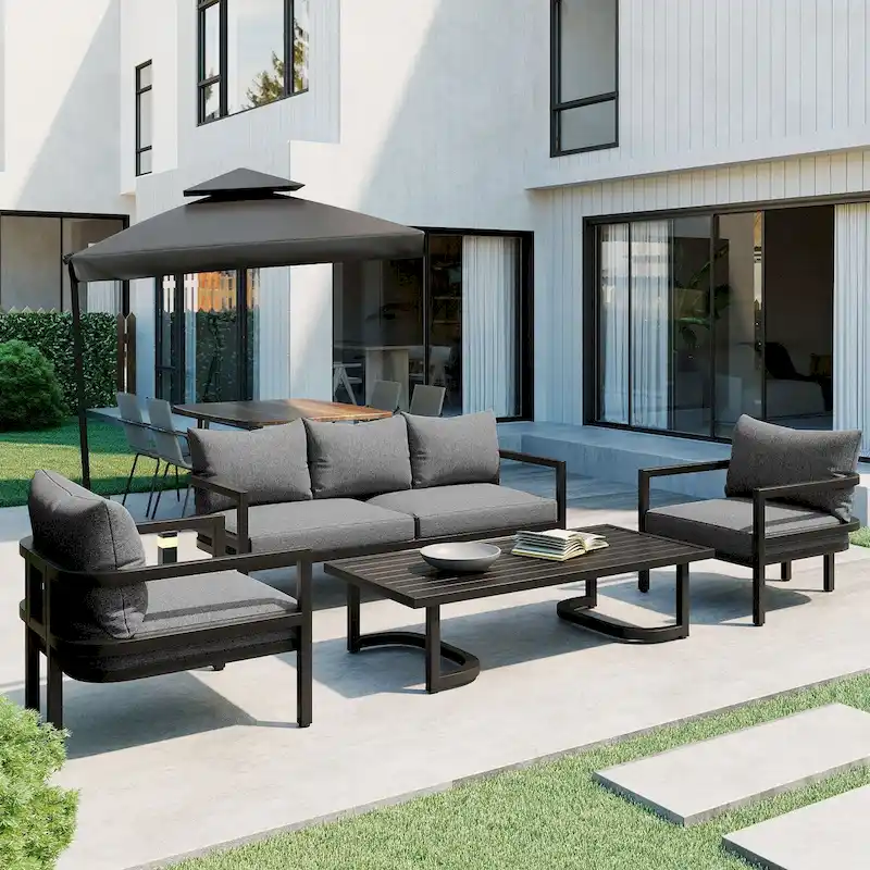 4-Pieces U-Style Multi-Person Outdoor Steel Sofa Set, with Coffee Table and Cushion