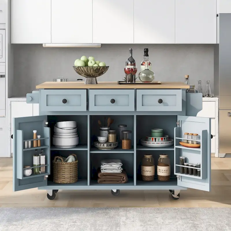 53 in. W MDF Kitchen Island with Countertop and Storage Cabinet