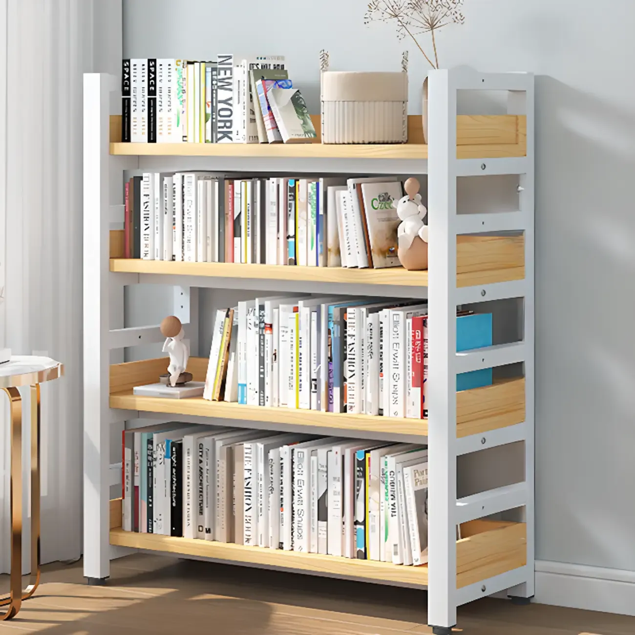 Freestanding Simple Multi-Layer Wood Bookshelf in Steel Frame