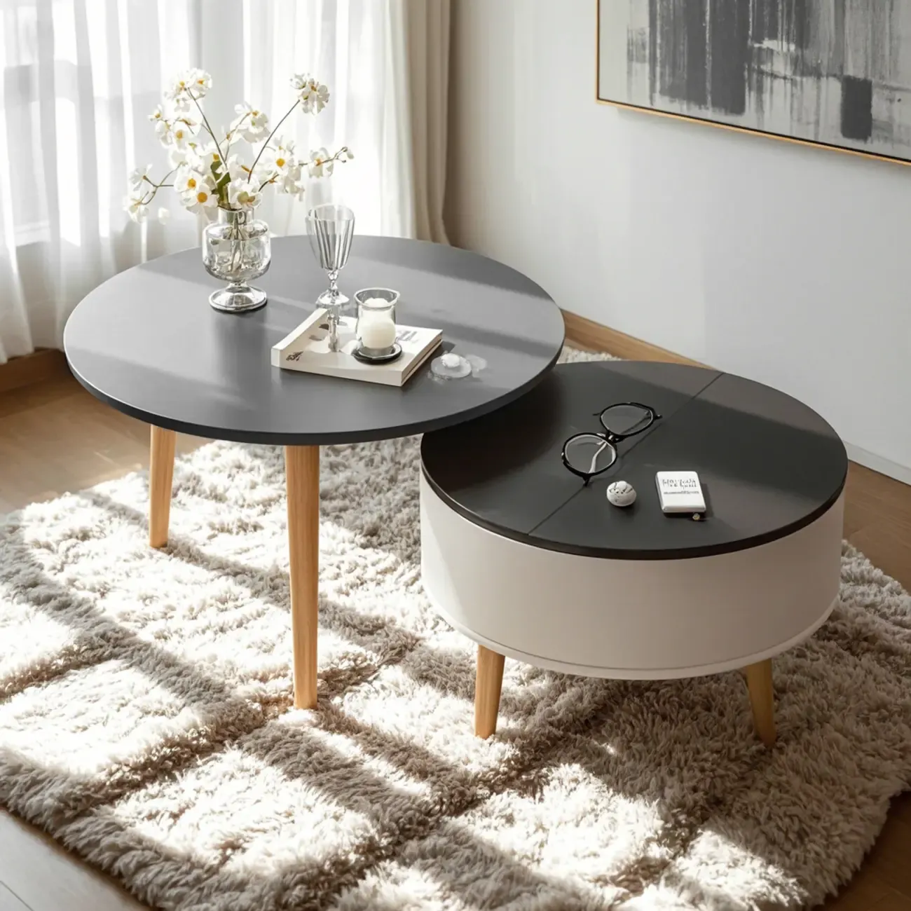Black White Modern Round Wood Coffee Table with Storage