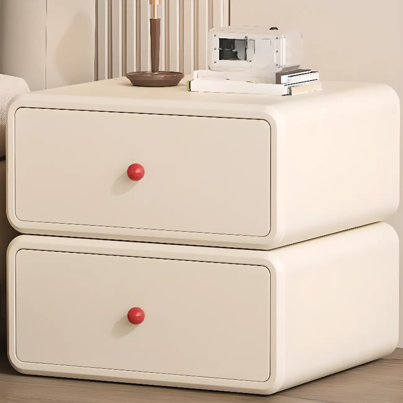 Art Deco Wood Faux Leather Red-Ball Pulls 2-Drawer Nightstand