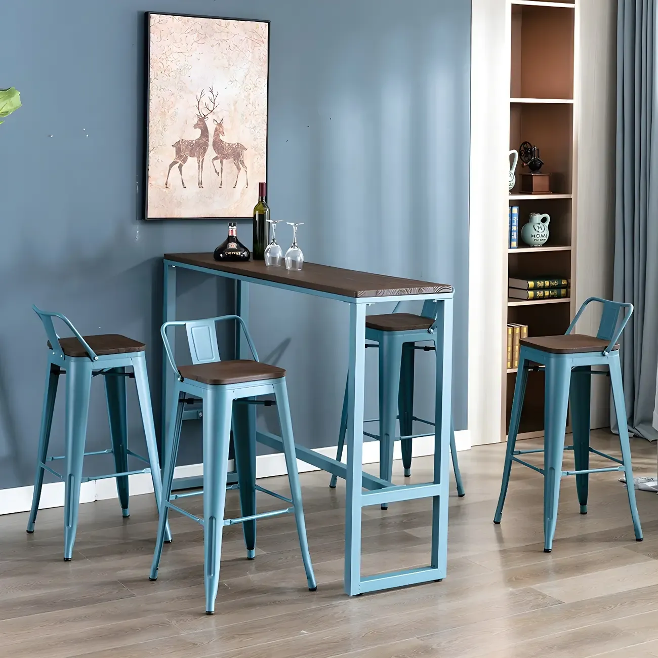 Scandinavian Brown Wood Blue Metal Footrest Bar Tables