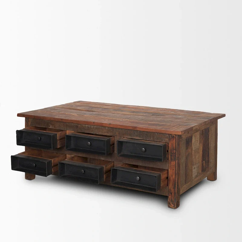 Wilton Brown Wood w/ 12 Black Metal Drawers Coffee Table