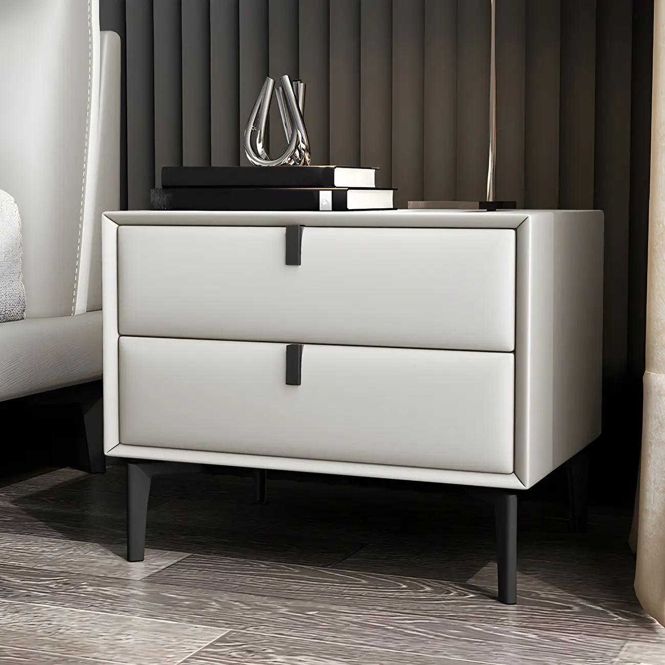 Modern Black Leather Bedside Table with Drawers