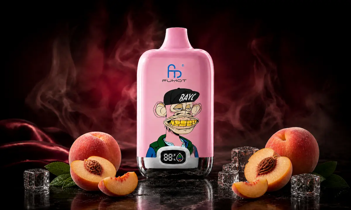 Fumot Digital Box 12000 Peach Ice Vape in einer dunklen Rauchszene