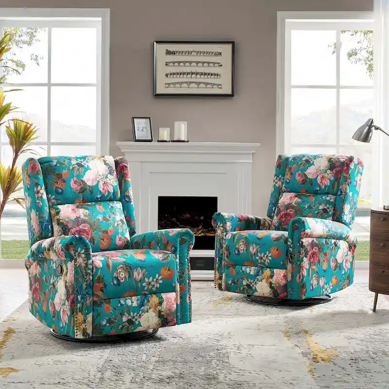 Leopold Transitional Floral Print Manual Swivel Rocking Recliner with Nailhead Trims Set of 2 by HULALA HOME