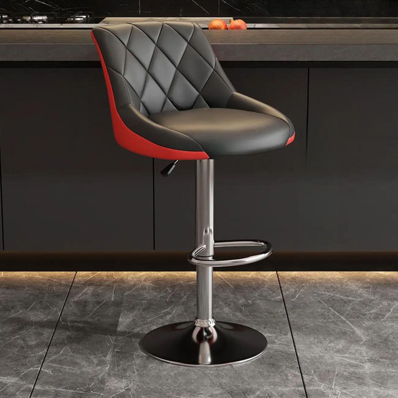 Diamond Tufted Swivel Bar Stool Adjustable Black Red PU Leather