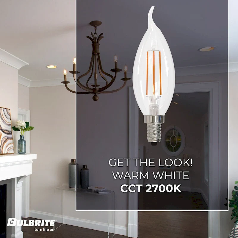 Bulbrite LED Filament Pack of (4) 5 Watt Dimmable CA10 Light Bulbs with Clear Glass Finish and Candelabra (E12) Base