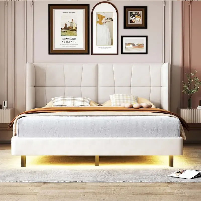Upholstered Platform Bed with LED Lights and U-Shaped Headboard