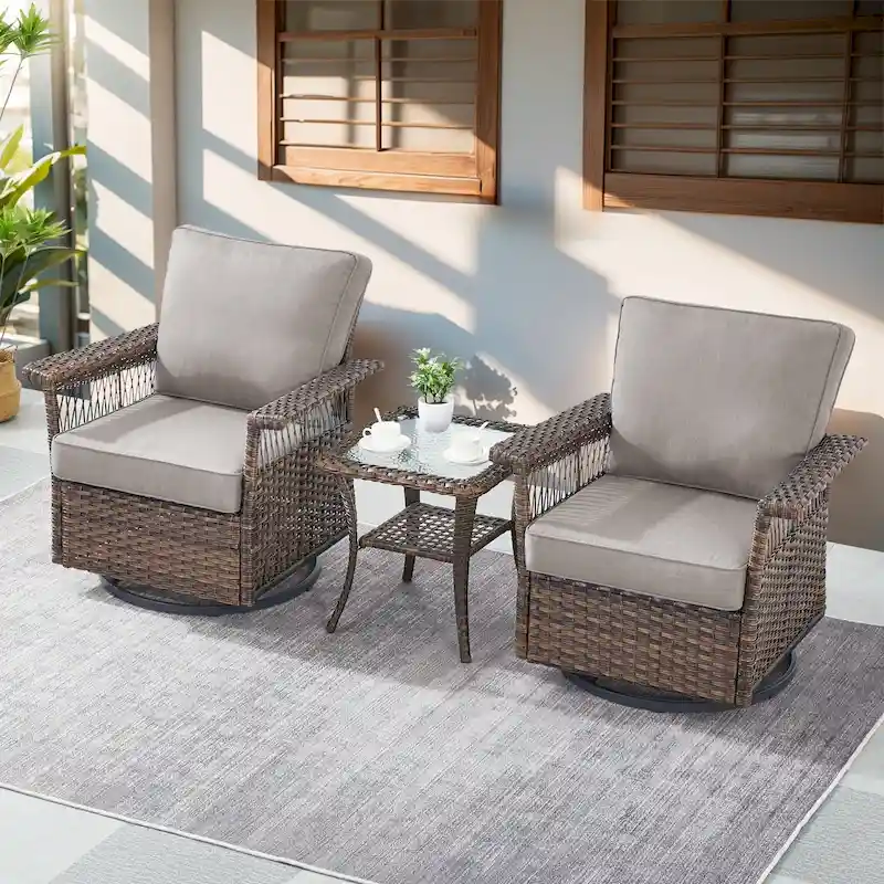 Gymojoy 3PCS Outdoor Swivel Gliders Chair Table - Brown