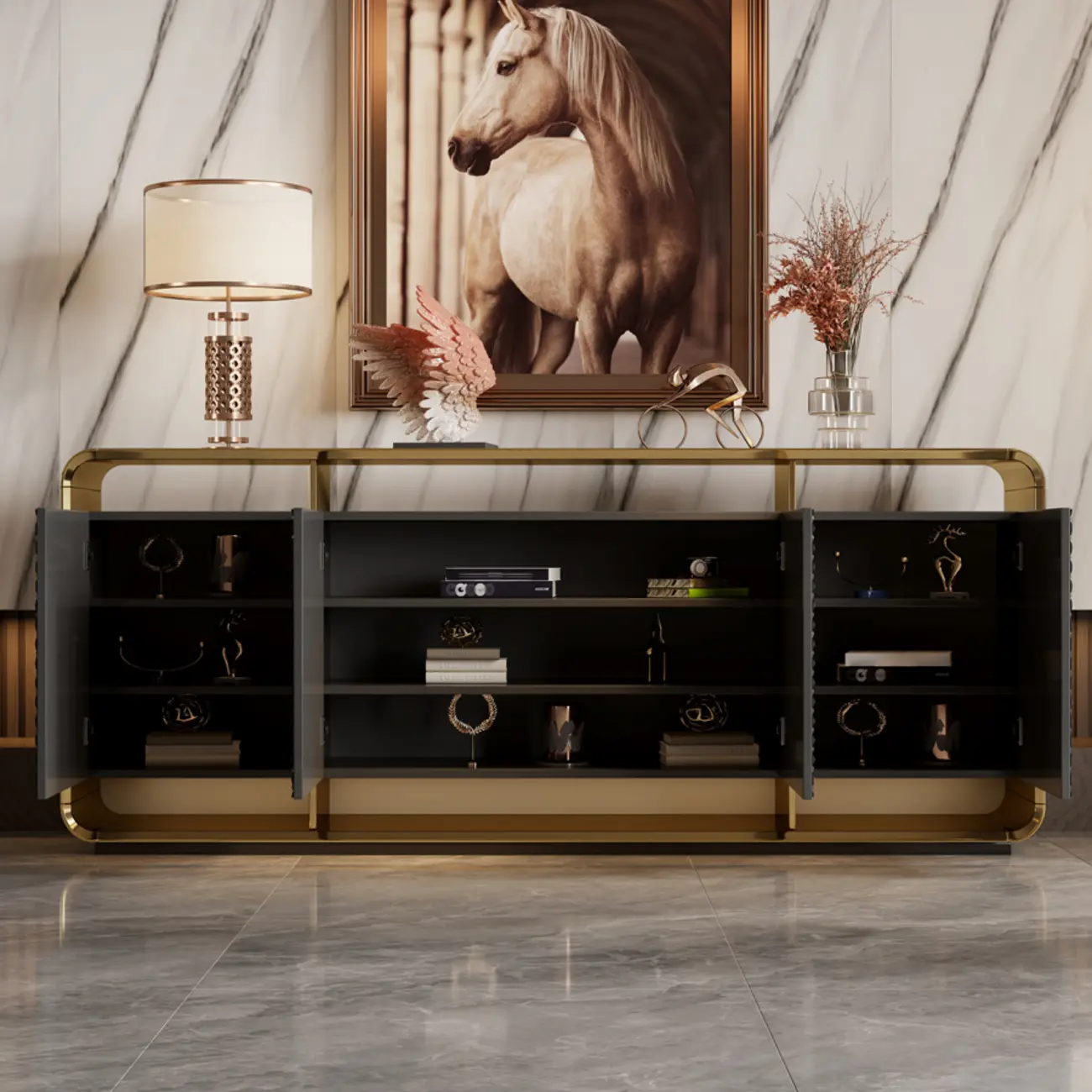 Glam Metal and Wood Sideboard with Shelves