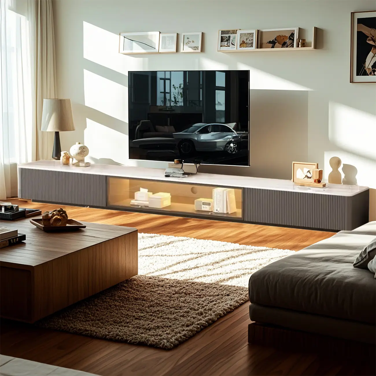 63 Champagne Long Stone TV Stand with Cable Management