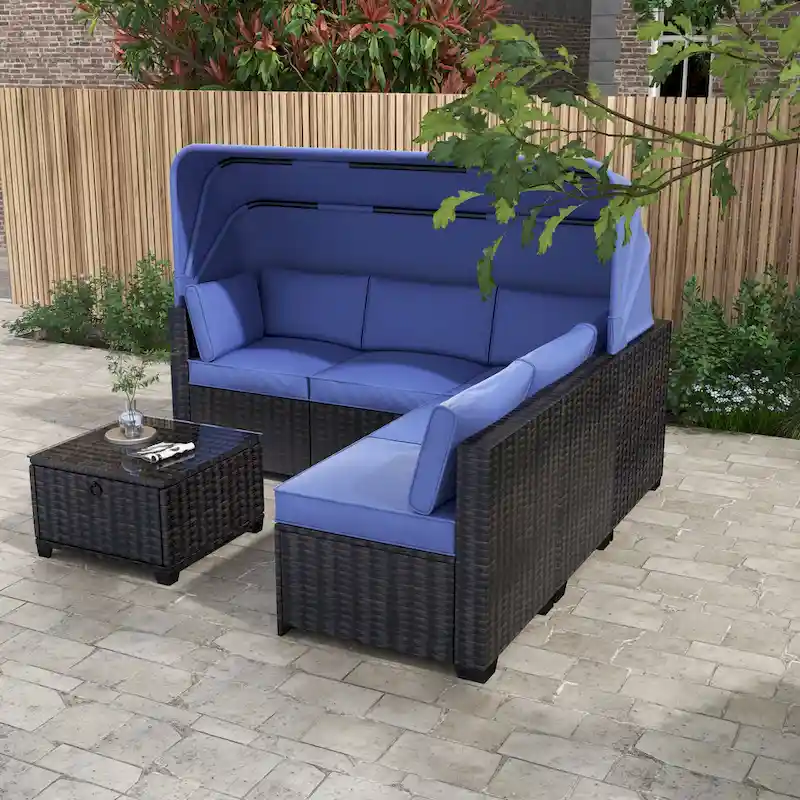 6 Piece Patio Furniture Set, Outdoor Sectional Sofa Set with Canopy and Backrest, Patio Conversation Set with Coffee Table