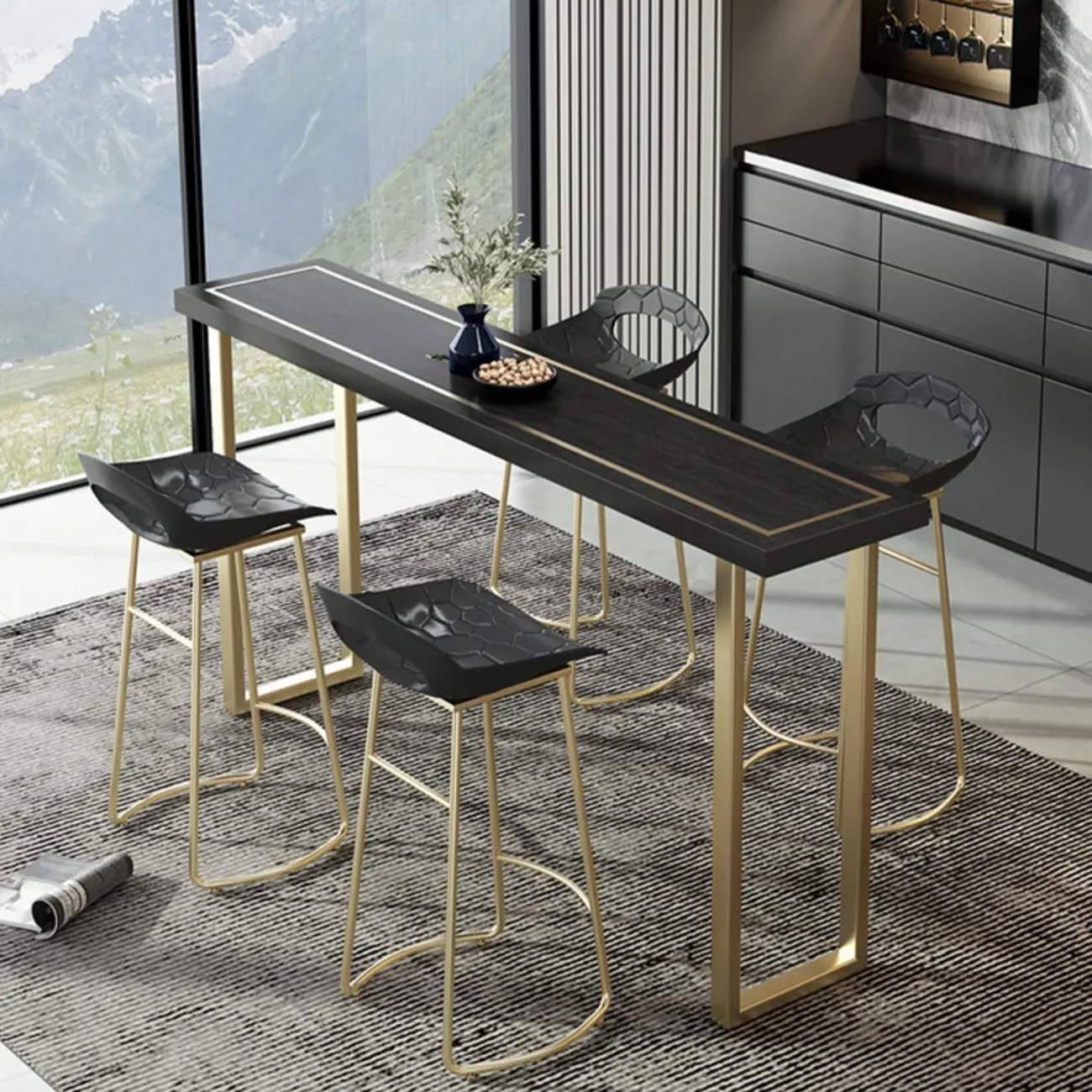 Glam Black Pine Wood Gold Iron Sled Bar Tables