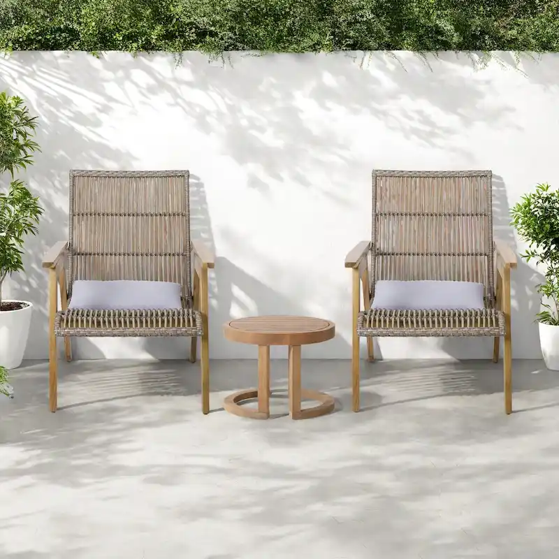 3-Piece Outdoor Acacia Wood Lounge Chairs Set with 2 Woven Wicker Lounge Chairs and 18 Solid Side Table