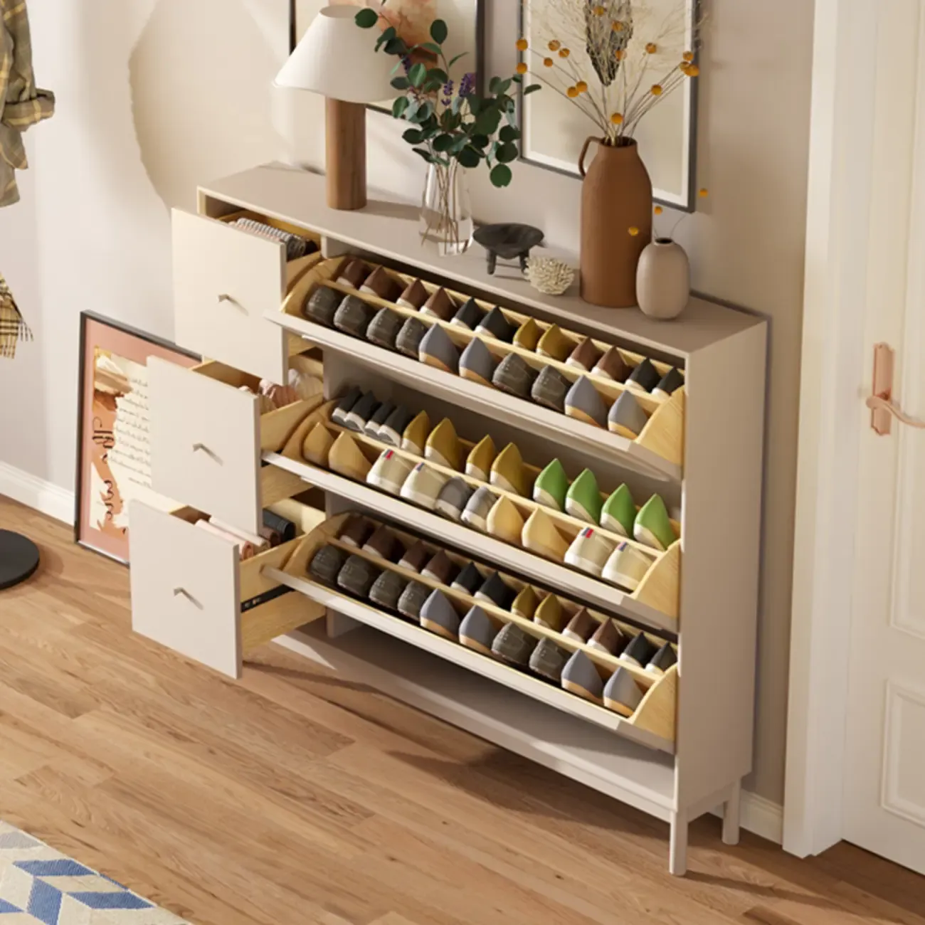 Cream Wooden Drop Front Shoe Cabinet with 3 Drawers