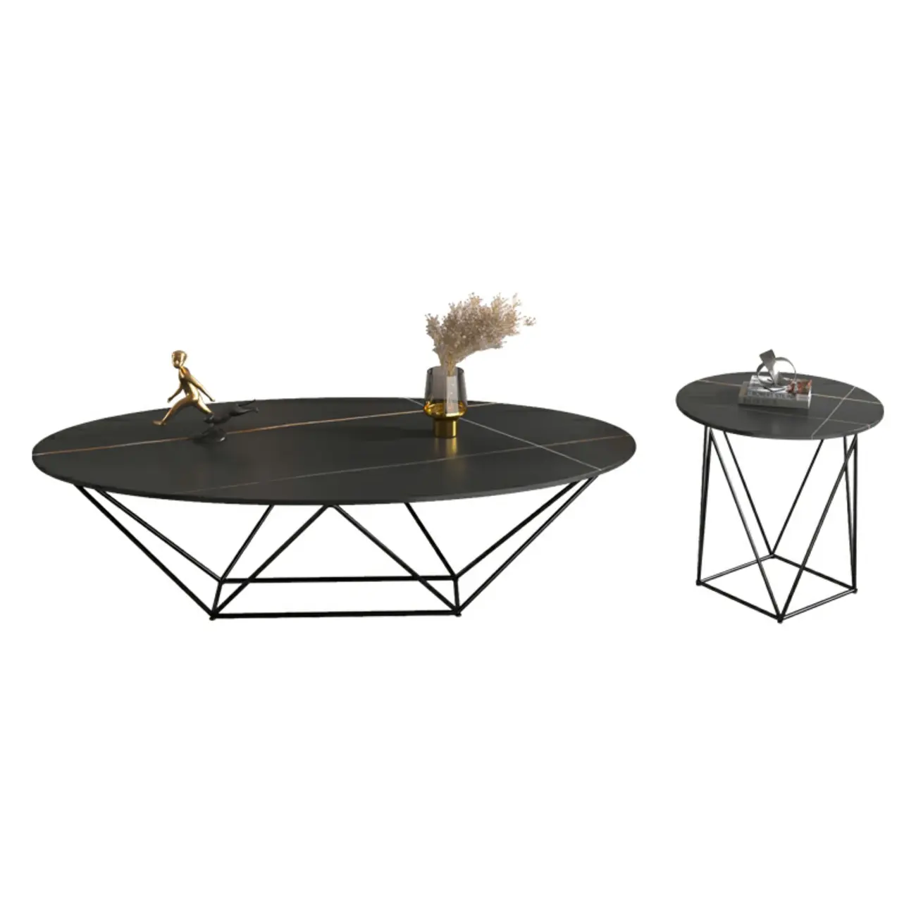 Stylish Metal Black Oval Coffee Table with Geometric Base