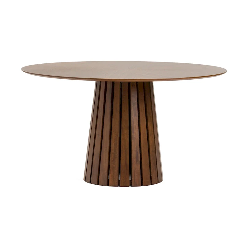 Cid Xeu 54 Inch Dining Table, Round Walnut Veneer, Slatted Pedestal Base