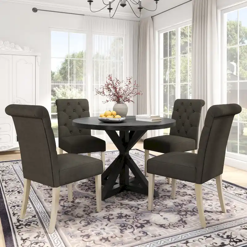 Roundhill Furniture Banff 5-Piece Round Dining Set, Cross-Buck Round Table with 4 Tufted Chairs