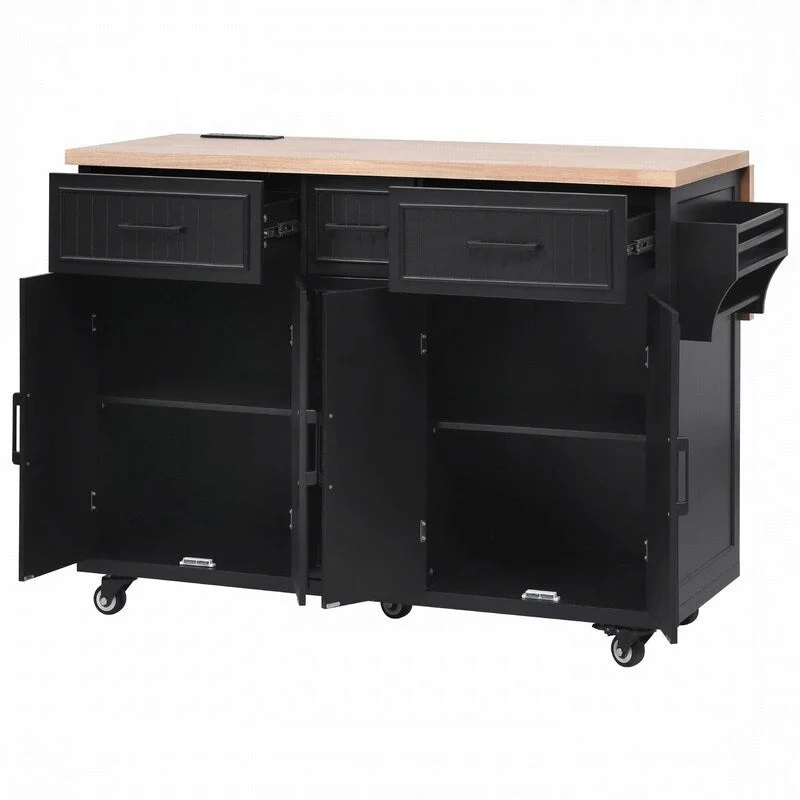 56.5 Kitchen Island with Drop Leaf and Charging Station, Rolling Kitchen Cart on Wheels with Drawers and Adjustable Shelves