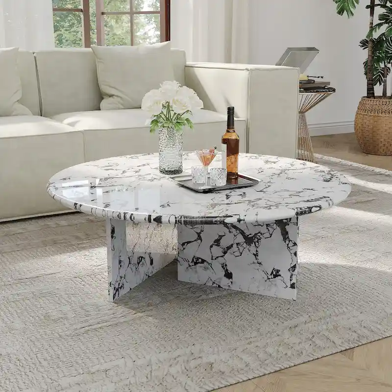 35.43Modern Round Coffee Table,Glossy Faux Marble Table top