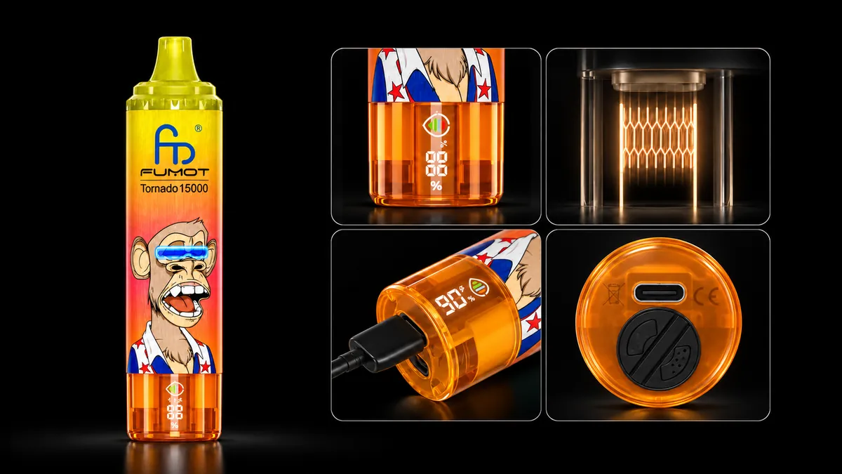 FUMOT Tornado 15000 Fanta – Detailansichten von Display, Heizsystem, USB-C-Anschluss und Luftregulierung
