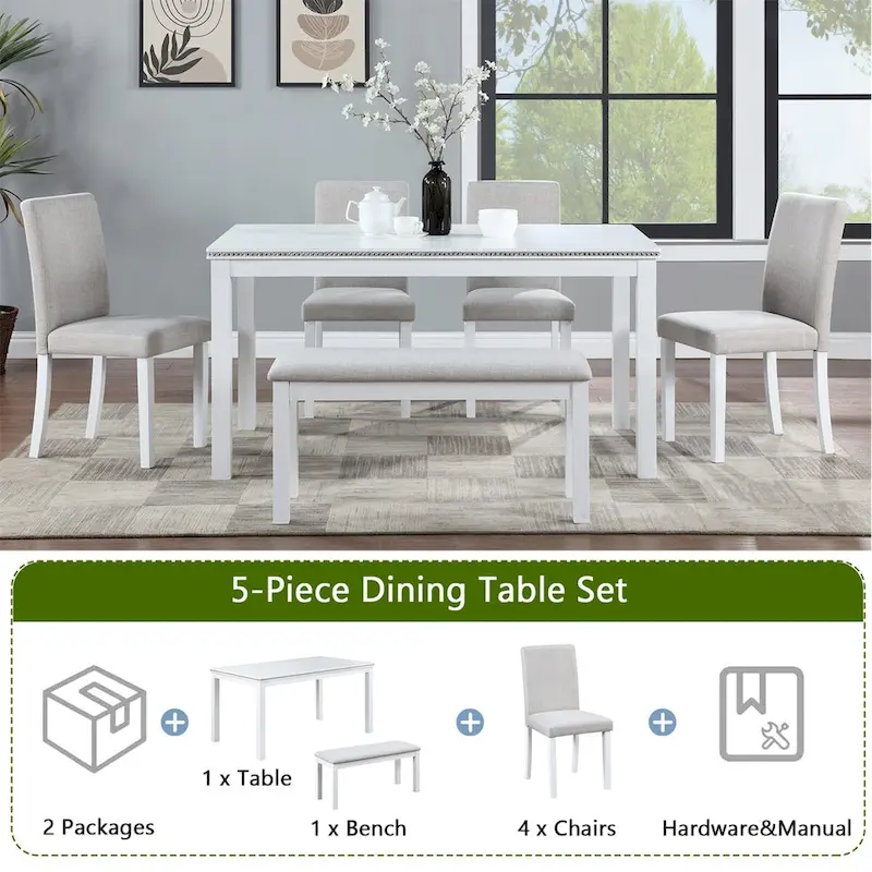 Wooden Dining Rectangular Table with Bench and 4 Chairs