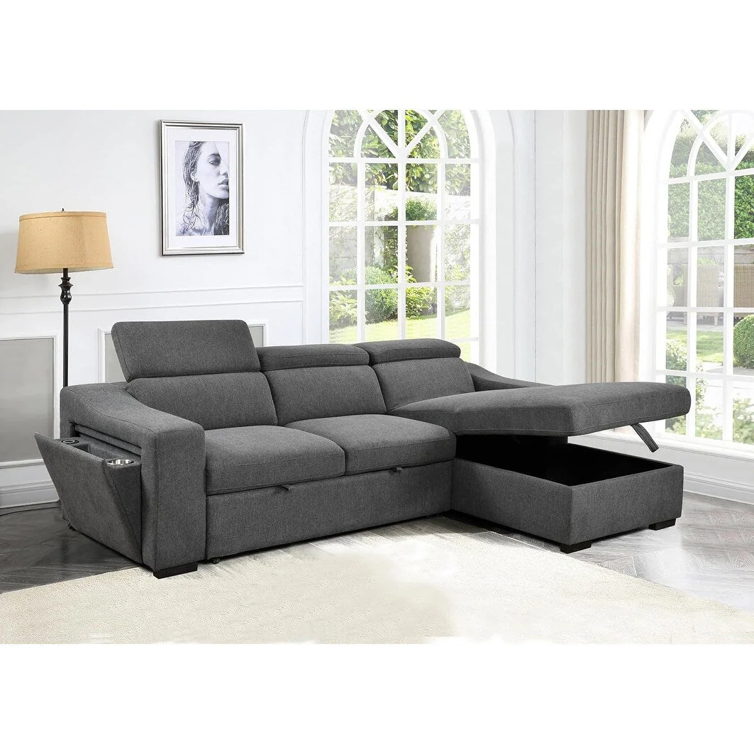 Roomfitters 103 Convertible Sectional Sofa with Storage Chaise, Adjustable Headrests, L-Shaped Sleeper Corner Sofa, Dark Gray