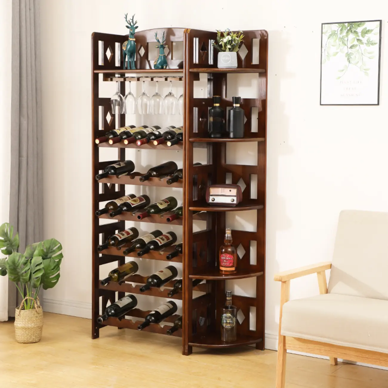 Free Standing Pine Wood Wine Racks with Bar Glass Holder Shelf