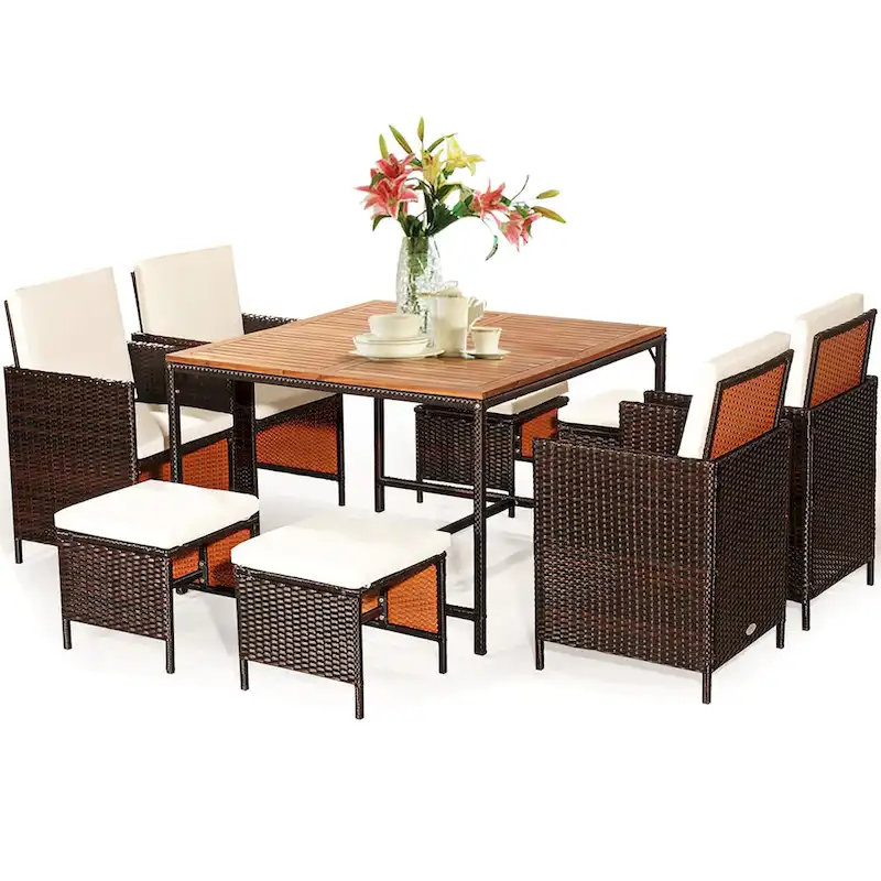 Costway 9PCS Patio Rattan Dining Set Cushioned Chairs Ottoman Wood - See Details