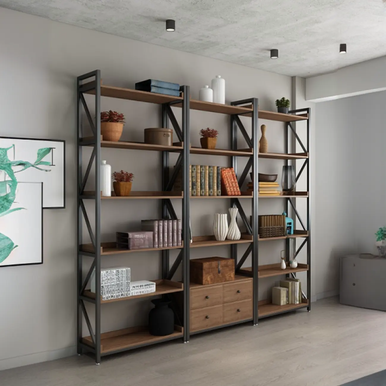 Rustic Brown Metal 6-shelf Open Bookcase with Cabinet