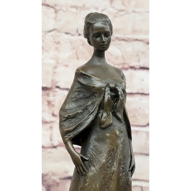 Elegant Bronze Lady Sculpture  Clic Figurine In Flowing Gown On Marble Base