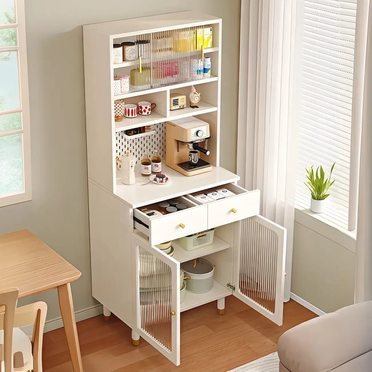 Freestanding Wooden Open Display Buffet Cabinet with Drawer