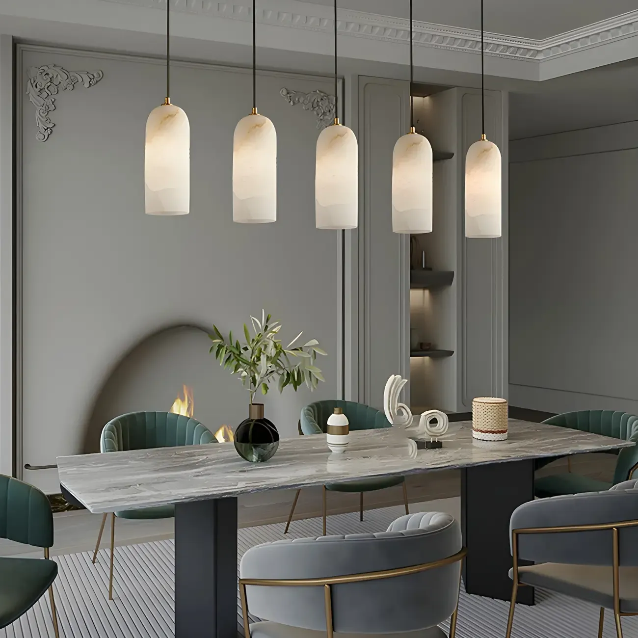 Modern Gold Bell Alabaster Adjustable Pendant Light