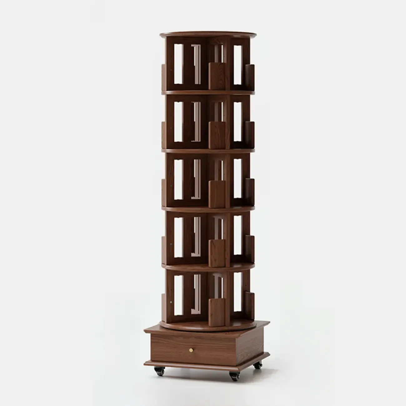 Cylindrical Movable 360° Rotating Wooden Bookshelf with Drawer