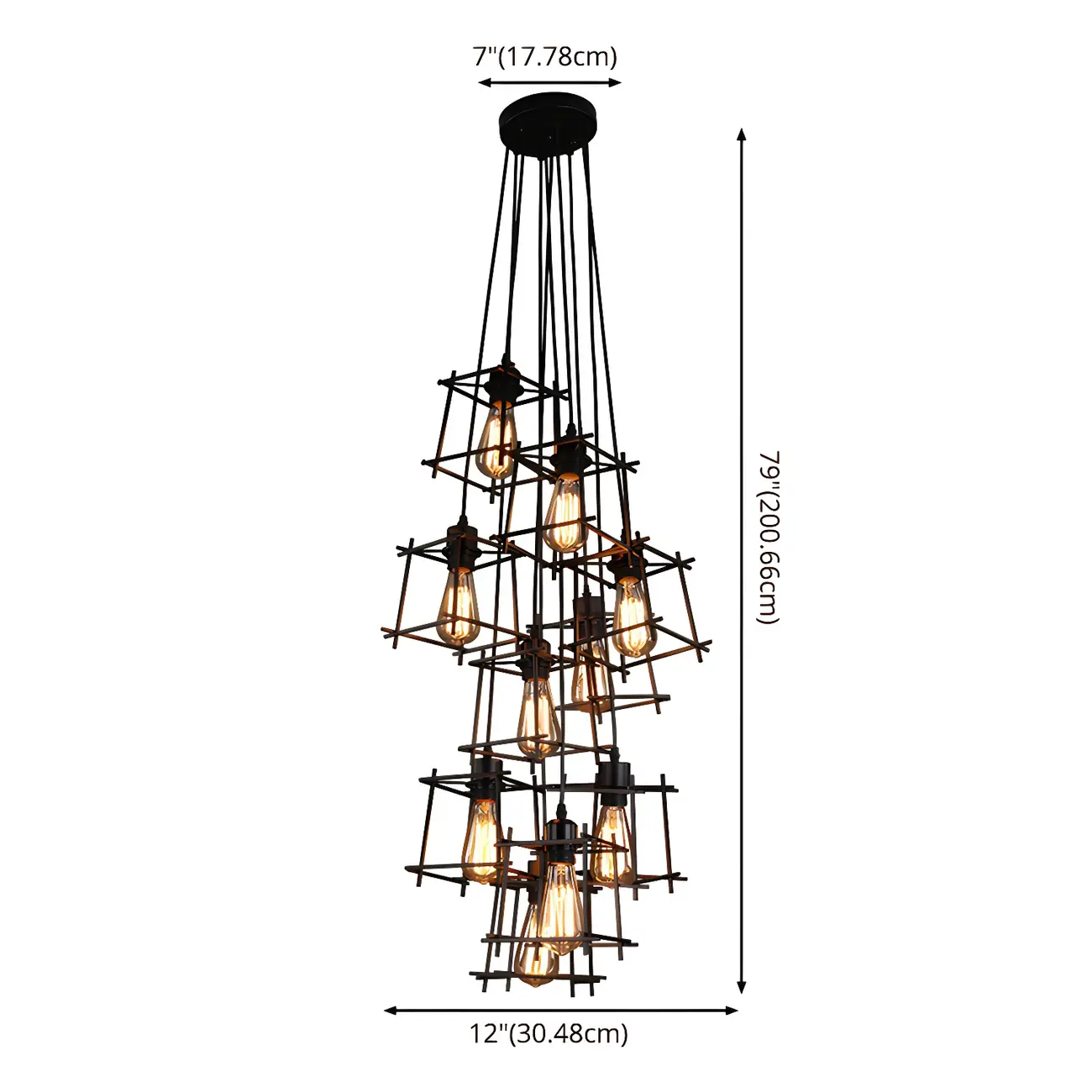 Large 10-Light Black Caged Industrial Pendant Chandelier