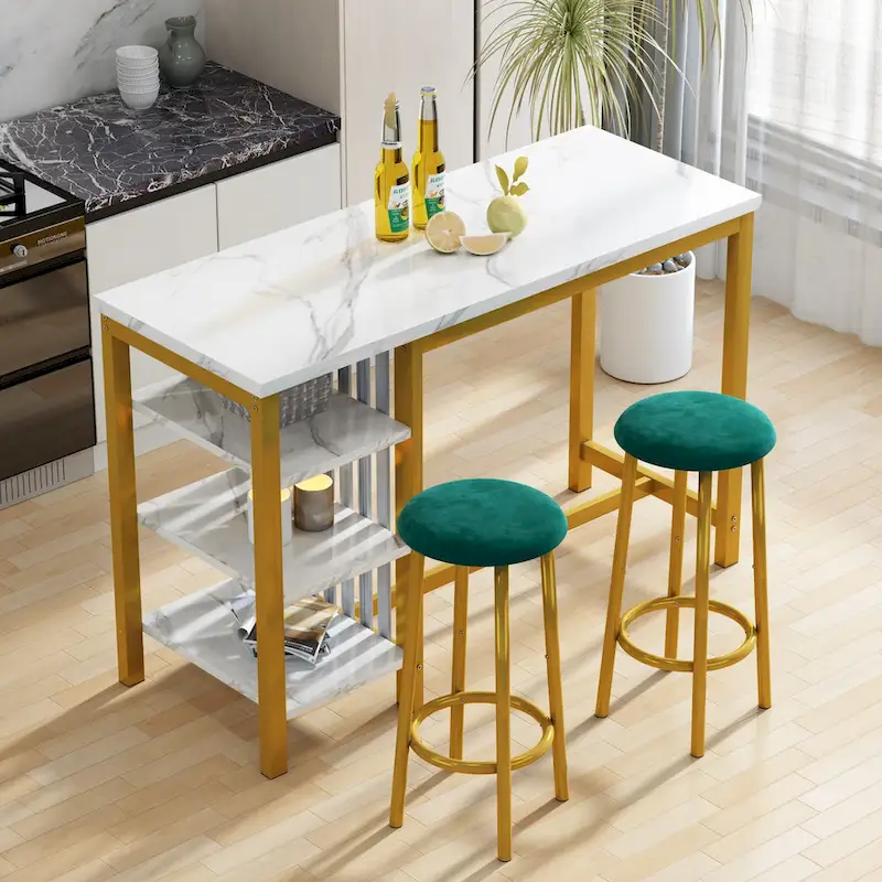 Grondin Modern Contemporary Faux Marble 3 Piece Bar Table Set with 2 Upholstered Stools and Extra Storage Shelves