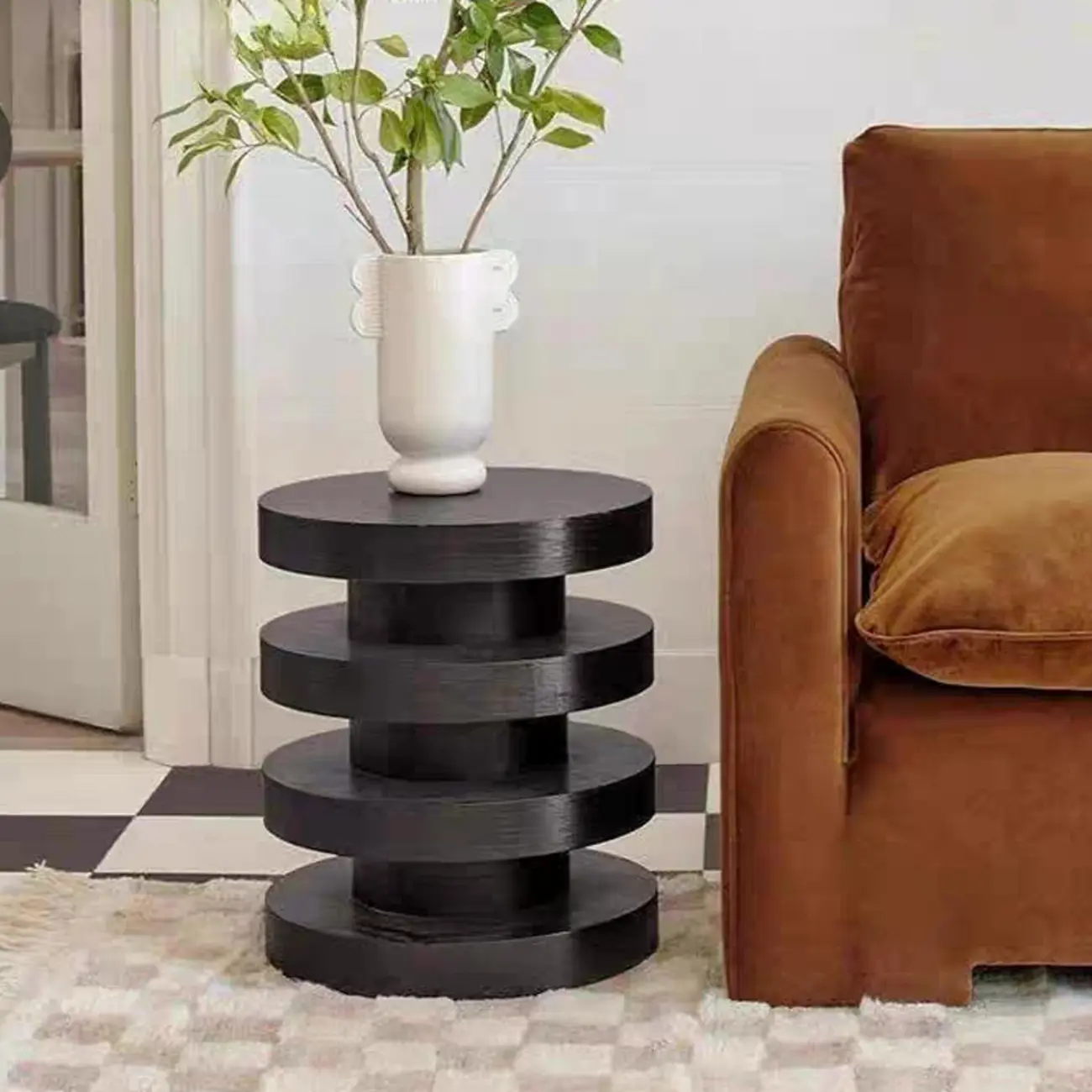 Living Room Black Circular Stacked Wood Side Table