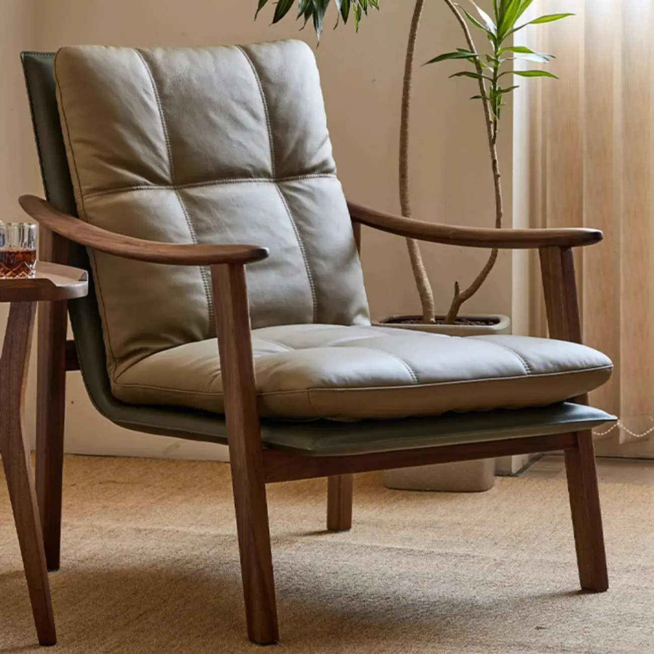 Scandinavian Green Genuine Leather Armchair